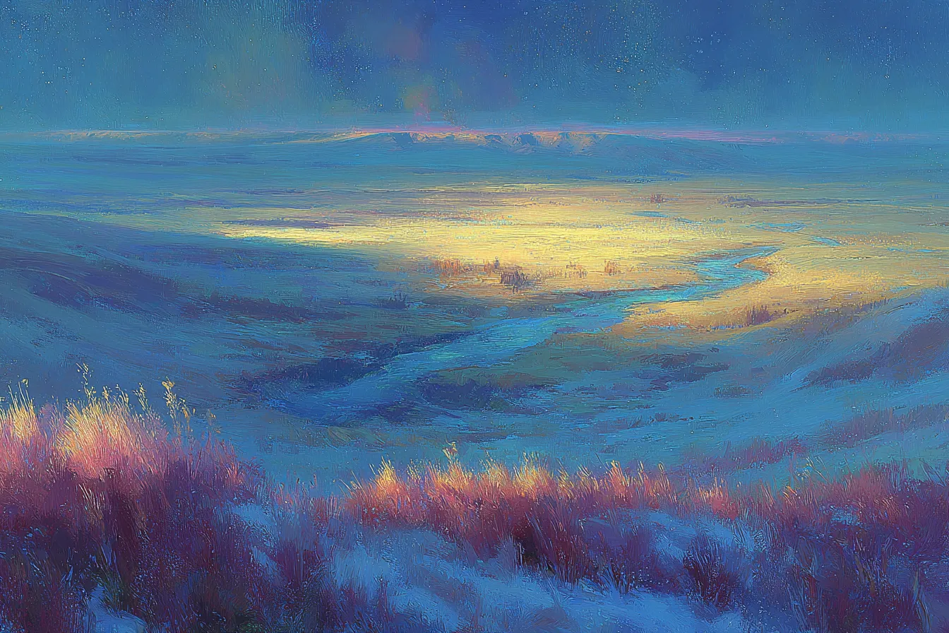 An extreme-wide view of an empty frost-covered grassland steppe at dawn, a thin braided river catching first light, distant low hills, no animals
