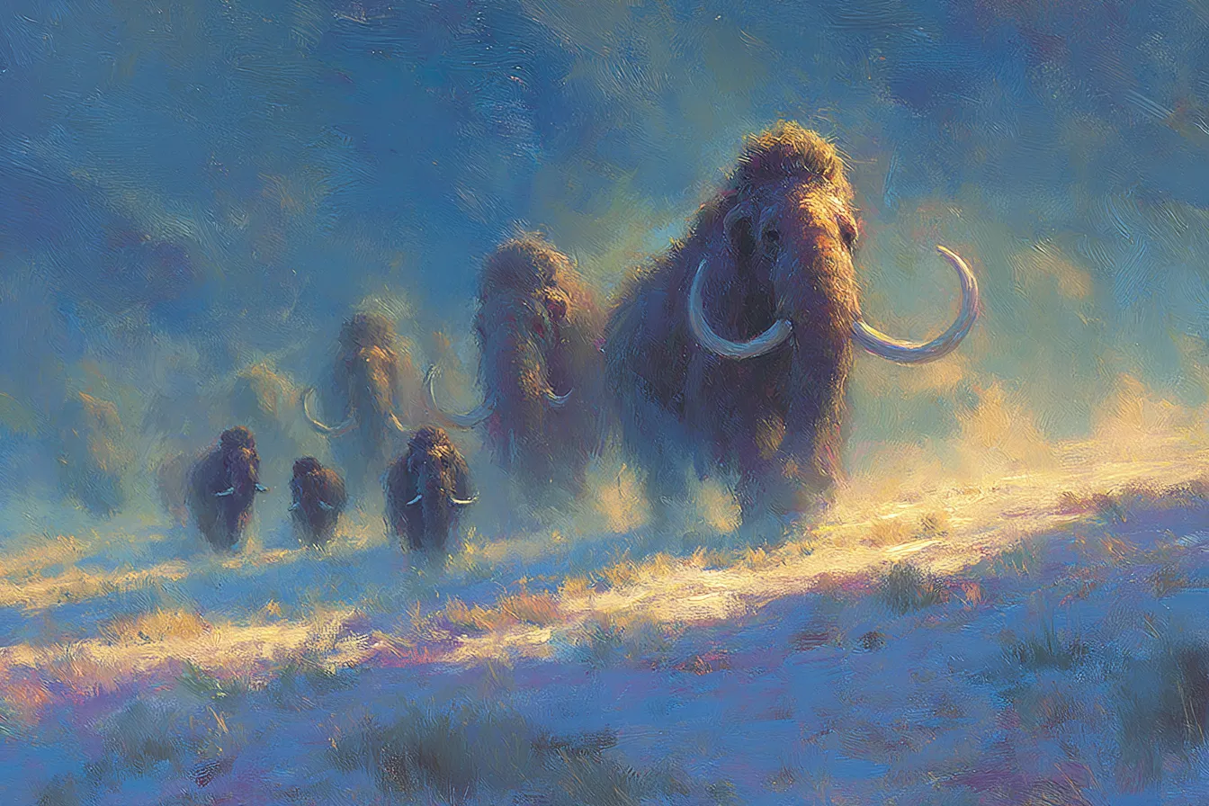 A loose line of about eight woolly mammoths crossing open steppe in the middle distance, kept small in the frame, long shadows from a low sun