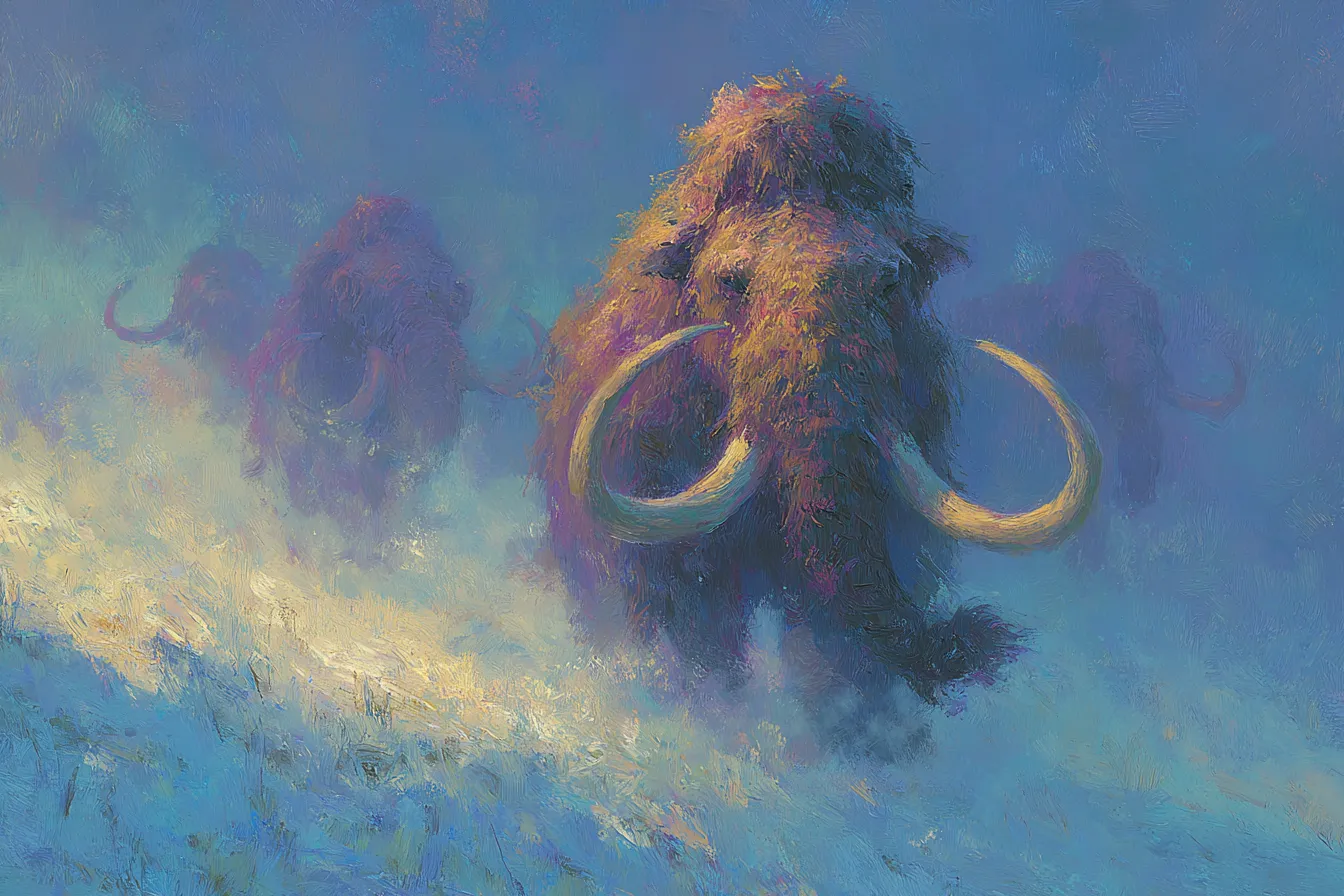 A close three-quarter view of a single old bull woolly mammoth facing left, huge curved tusks and shaggy head filling the frame, breath steaming