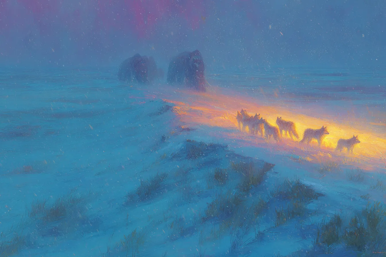 A dusk scene — a line of wolves silhouetted on a low foreground rise watching a defensive cluster of mammoths in the mid-distance, snow beginning to fall