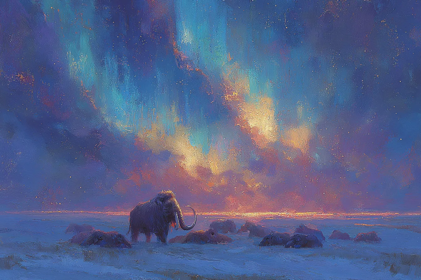 A night scene with green aurora filling the upper two-thirds, a herd of mammoths bedded down as dark masses below with one standing watch, very low horizon