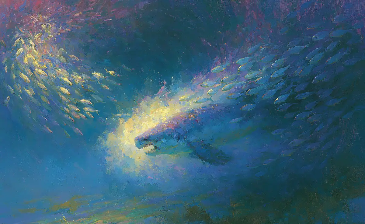 A dense silver school of fish swirling and splitting apart as a Dunkleosteus drives into them, the school bending into a curving wall around the predator