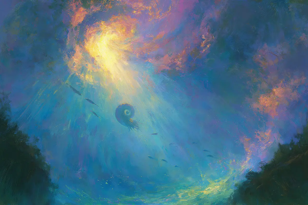 A view looking straight up from the reef toward the bright distant water surface, sunlight radiating down in shafts, drifting ammonoids and nautiloids in silhouette against the glow