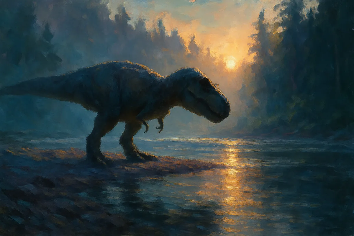 A large tyrannosaur standing on a gravel bar at a bend in a slow river at first light, mist hanging over the water, conifer and fern forest on the far bank, low warm sun behind it