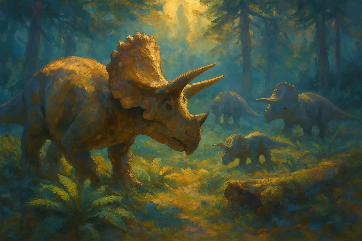 A small herd of large horned ceratopsians grazing among low cycads and ferns in a forest clearing, one massive frilled individual in profile in the foreground, two more behind, dappled light through a high canopy