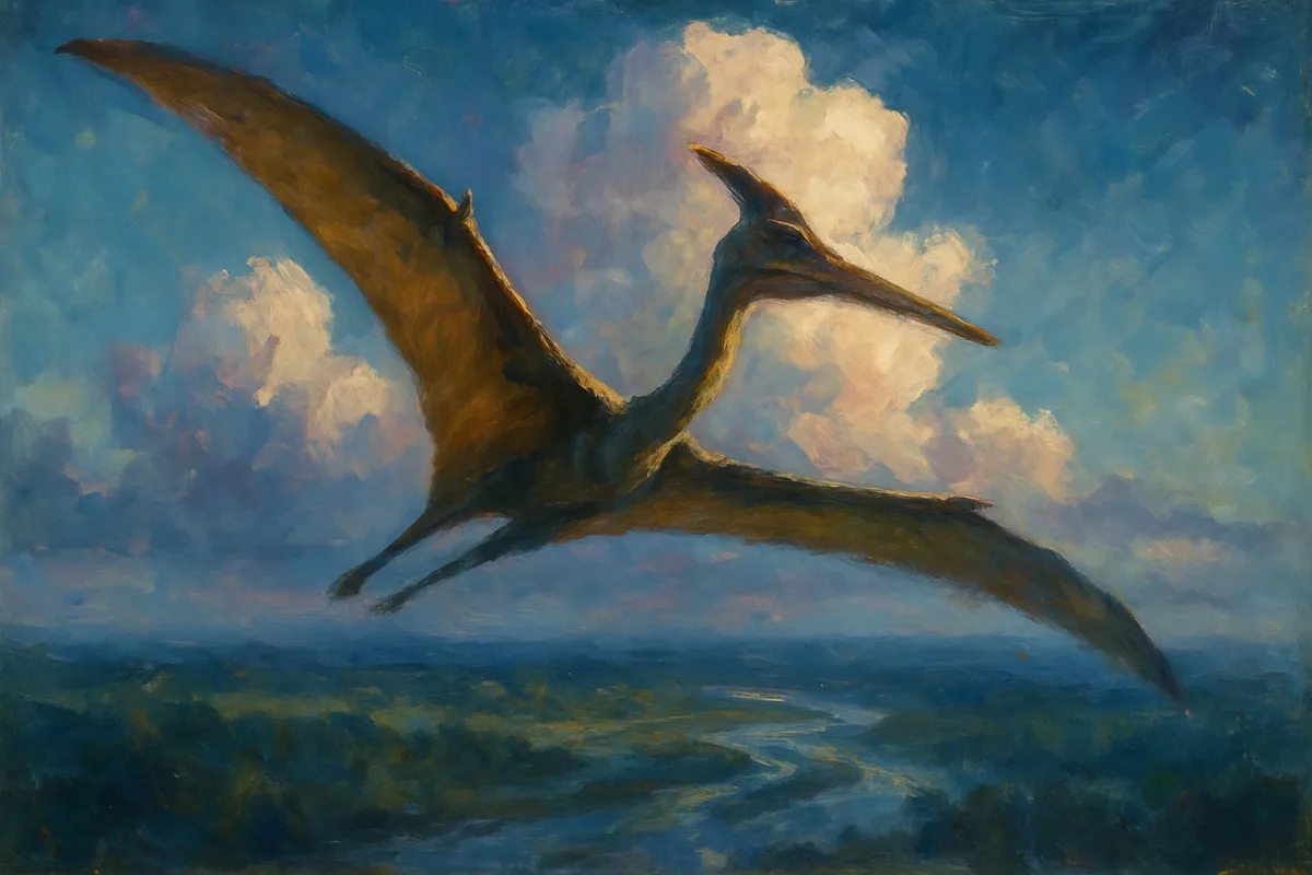 A giant azhdarchid pterosaur soaring on vast extended wings high above a river floodplain, seen from slightly below and to the side so the wingspan dominates the frame, towering clouds behind, late afternoon light on the wings