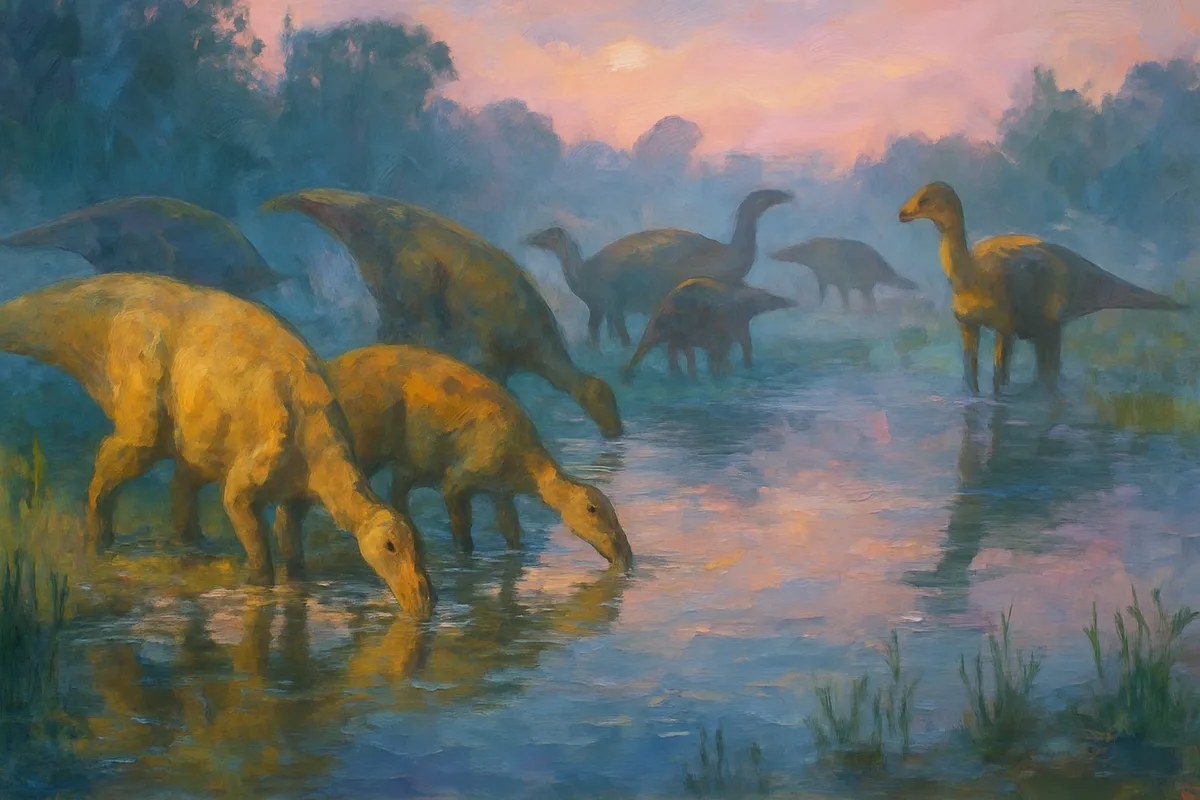 A herd of large duck-billed hadrosaurs gathered at the edge of a still waterhole at dawn, several drinking with heads lowered, reflections in the flat water, mist low over the surface, soft pink dawn sky