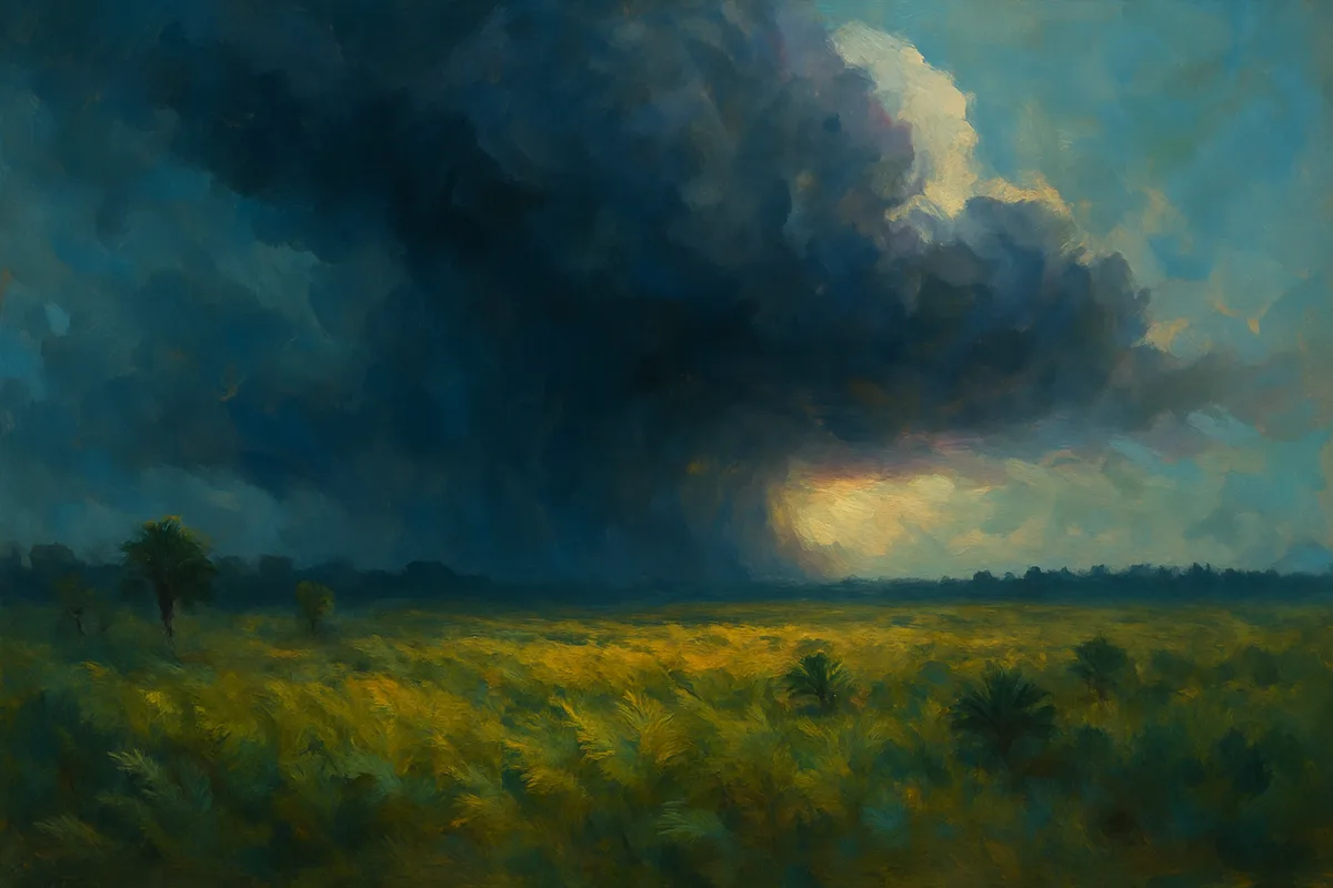 A wide open fern prairie under a massive approaching thunderhead, a band of sunlit ferns and scattered low palms below the dark storm, a distant line of conifers on the horizon, dramatic light breaking under the cloud, no animals