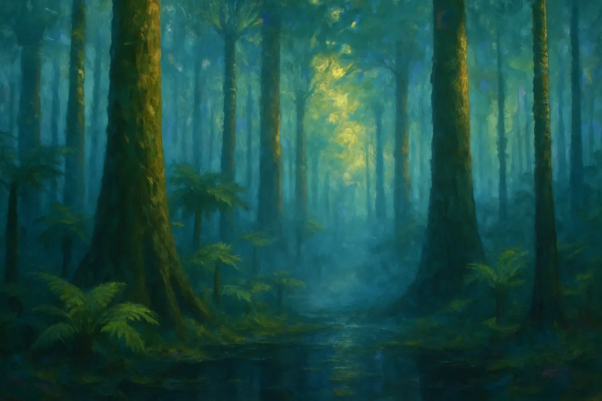 A wide view deep inside a Carboniferous coal forest, immense lycopod scale-trees and giant horsetail trunks rising into a high dense canopy, shafts of green-gold light falling to standing black swamp water, mist between the trunks, no animals