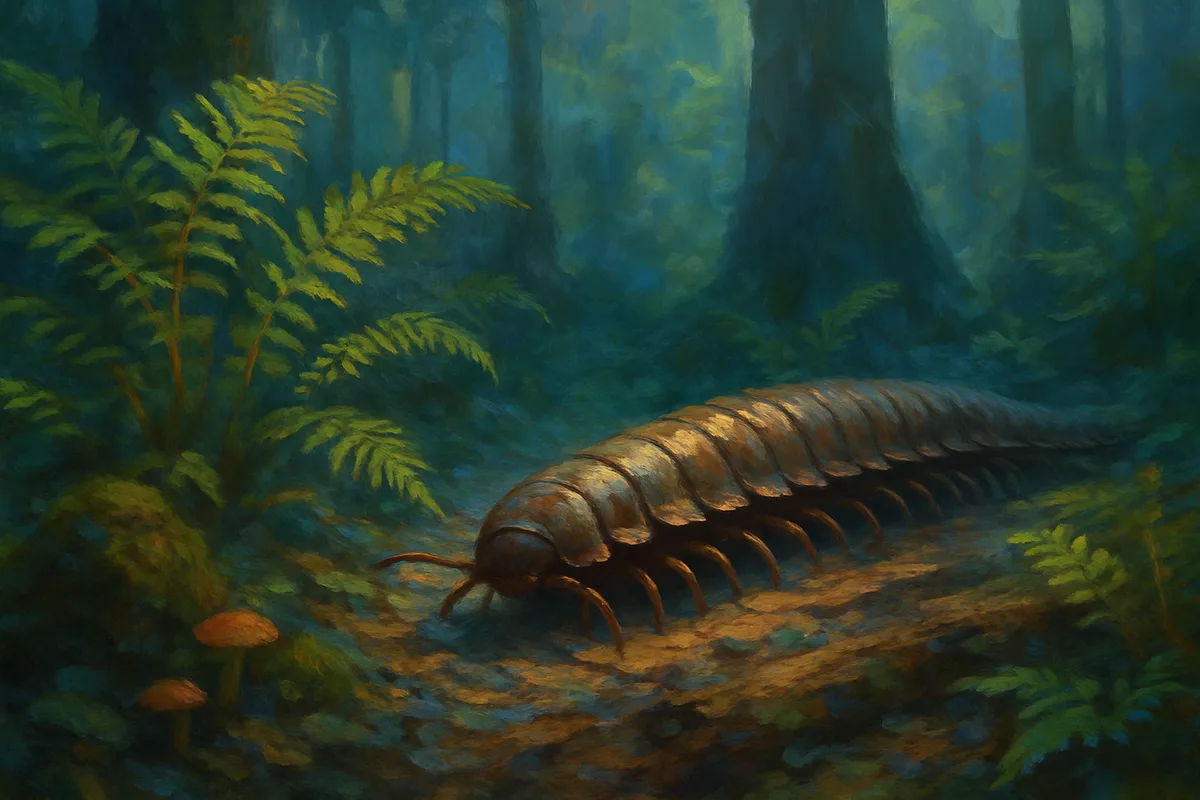 A close low view across a humid forest floor where a several-meter-long segmented arthropod, Arthropleura, crawls through ferns and clubmoss and fallen bark, great trunks rising out of focus behind