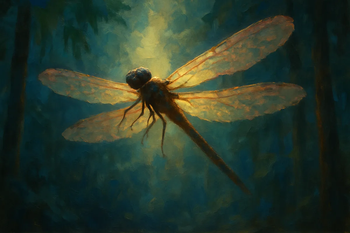 A giant dragonfly, Meganeura, hovering in a single shaft of light inside a dark forest, its wide membranous wings spread across the frame against deep green-black canopy