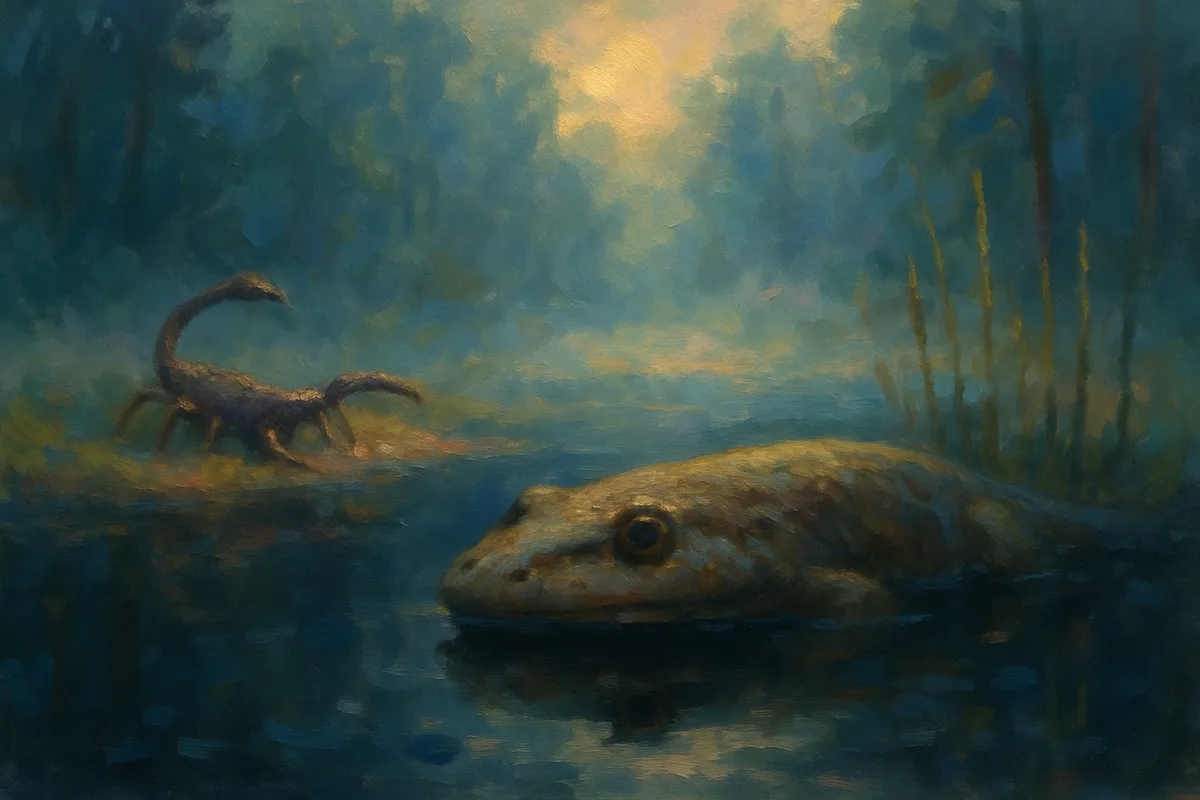 A broad-headed temnospondyl amphibian lying half-submerged at the edge of a still black peat pool, a long giant scorpion among horsetails at the far margin, forest reflected in the mirror-flat water, low mist