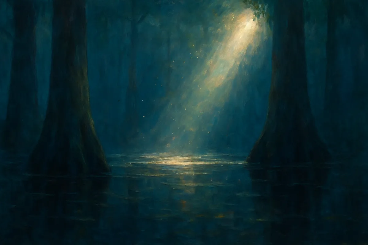 A single great shaft of sunlight falling through a gap in the high canopy onto the black water of a swamp floor, spores drifting in the beam, immense trunks rising into shadow on either side like the columns of a nave