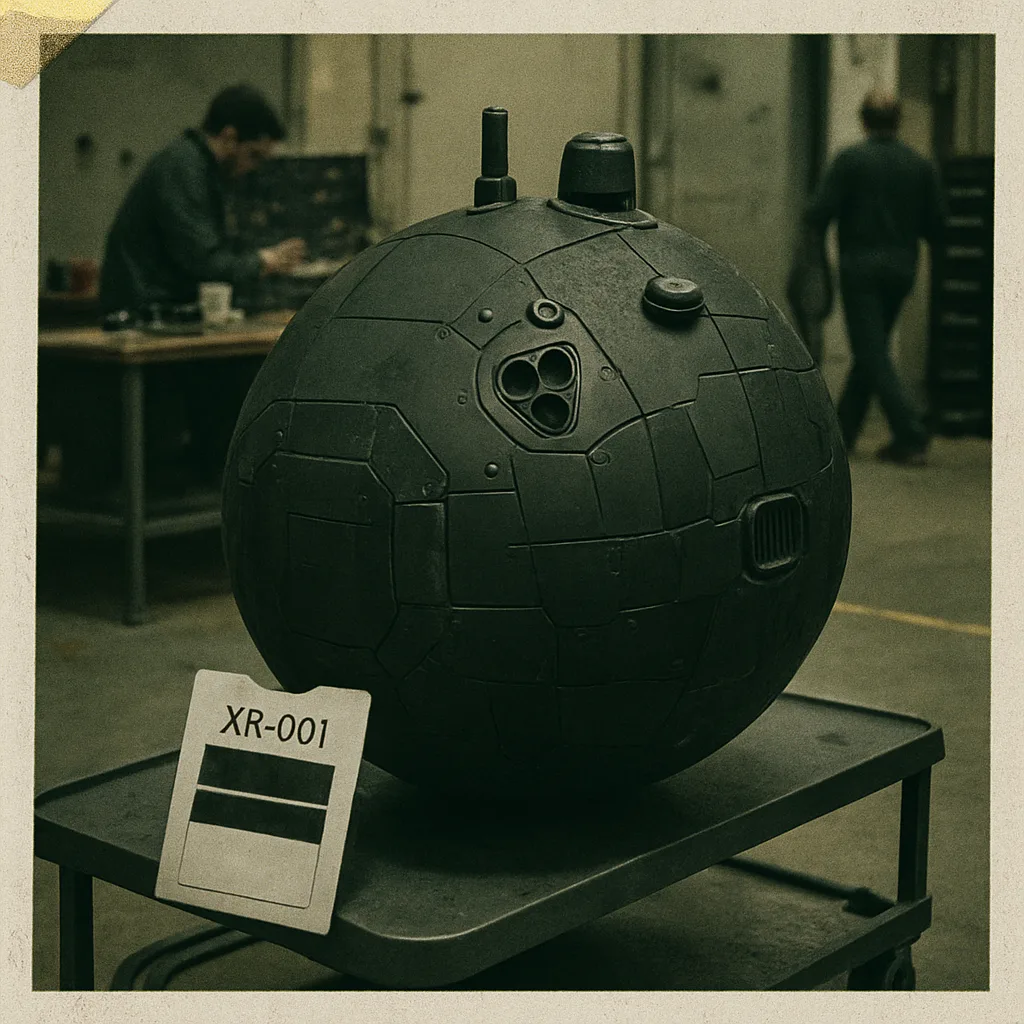 A small matte-black spherical observation drone on a presentation cart in a hangar bay, with a partially redacted scale-reference card propped beside it
