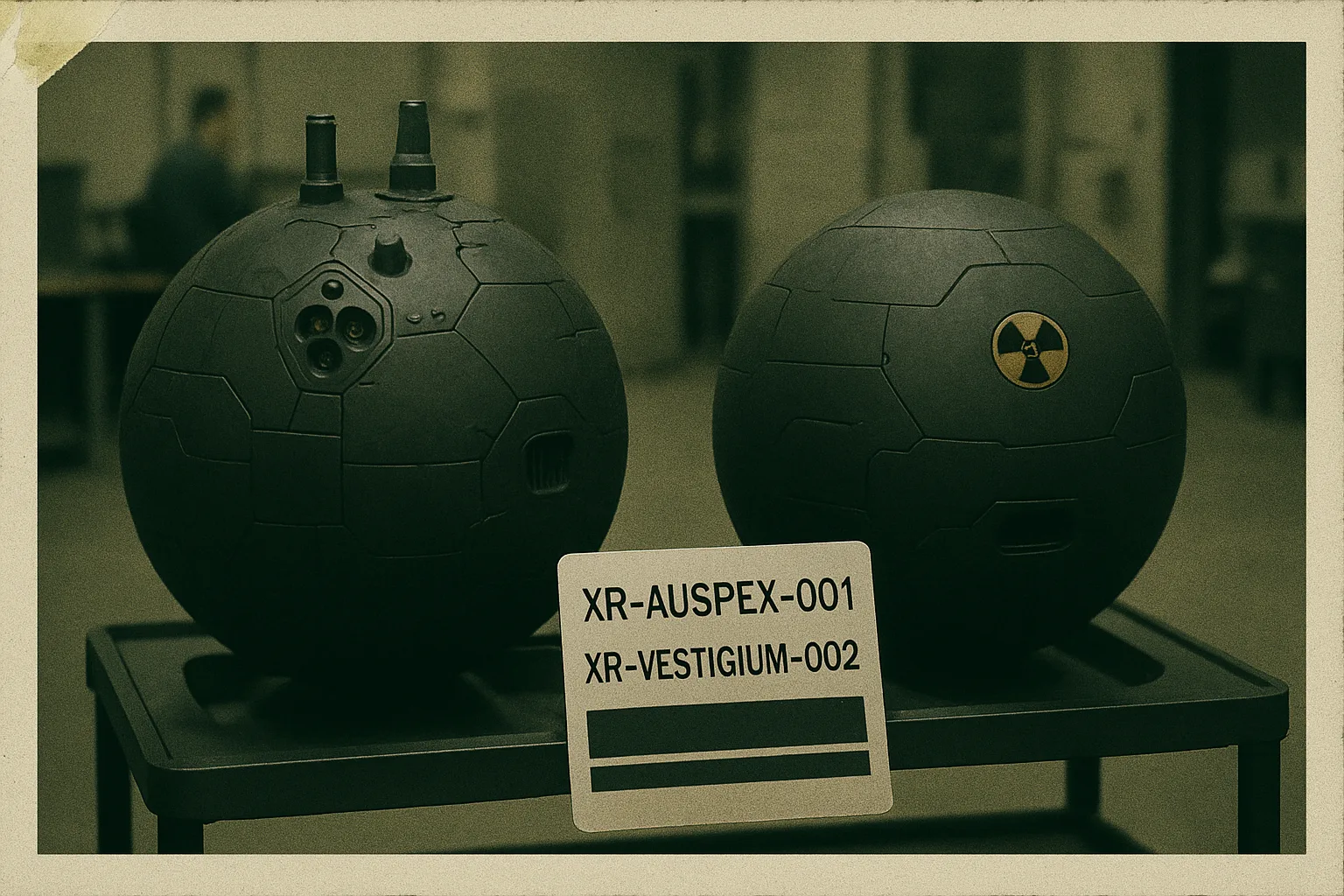 Two matte-black spherical probes side by side on a deployment cradle — Aux on the left with its sensor cluster and antennas, Vesti on the right with a blank face and a prominent radiation trefoil