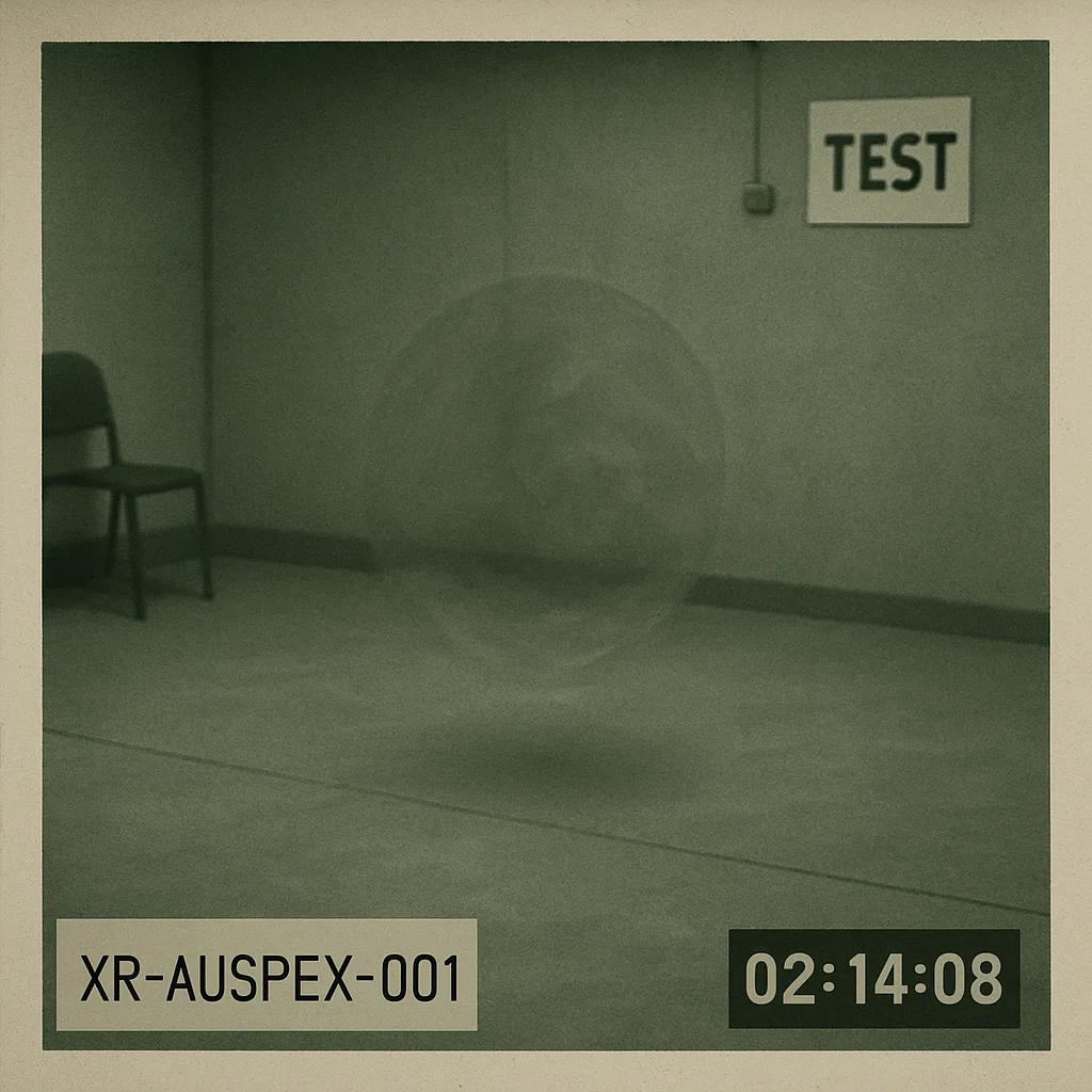 A still frame from a lab security camera showing an empty test bay — a faint circular refractive distortion hovers in mid-air, the only sign the cloaked probe is there