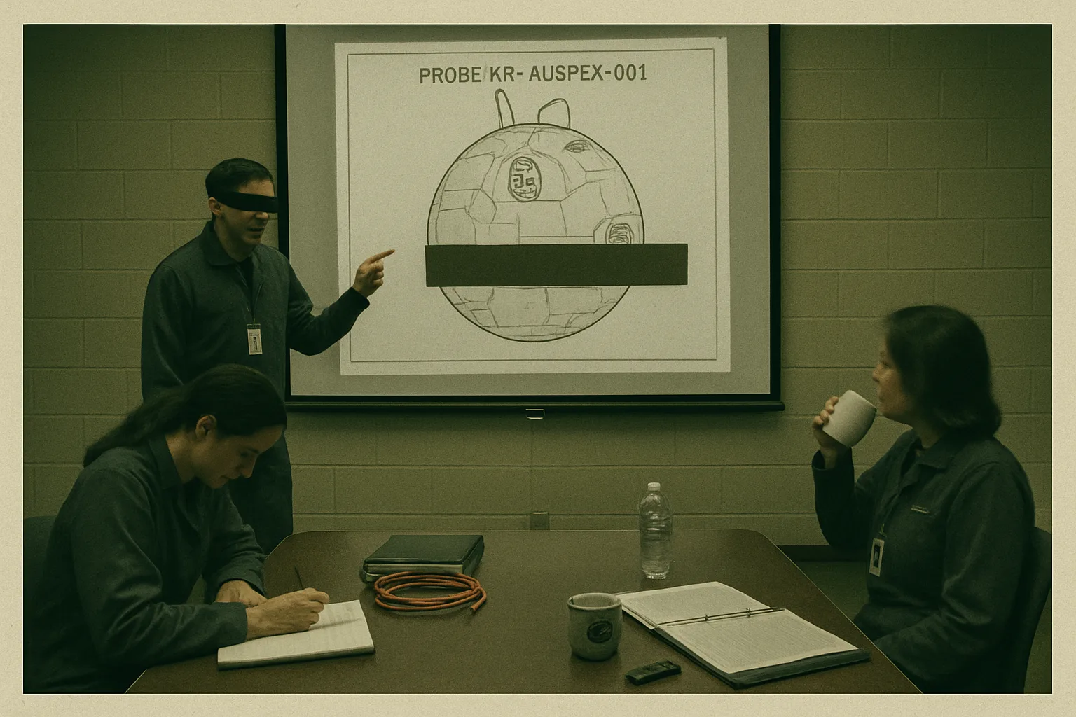 Three program staff in a windowless briefing room, faces obscured by redaction bars, head turns, and a raised mug — a projected schematic of Aux fills the screen behind them