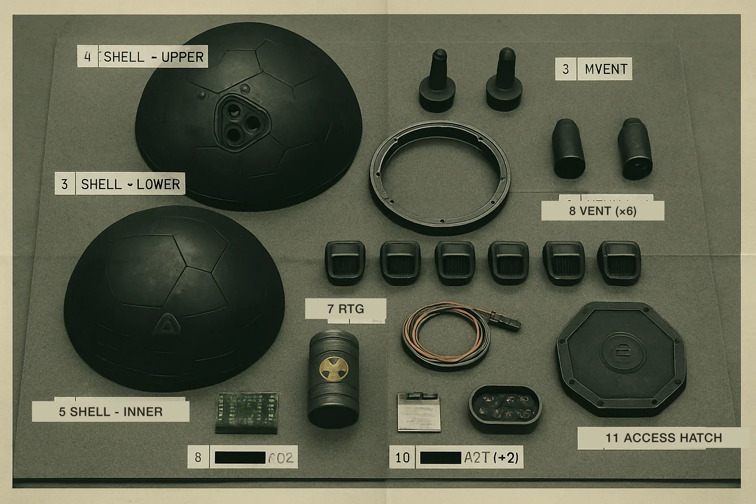 A top-down photograph of XR-Auspex-001 fully disassembled, its components laid out on grey foam-board with numbered index cards labeling each part