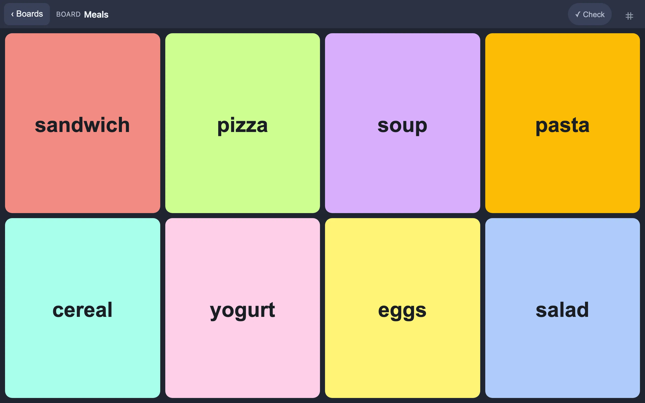 The Meals board - a grid of colored choice buttons; tapping one speaks it aloud