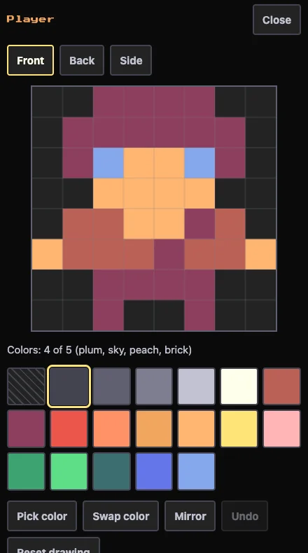 SpriteLab's pixel editor on the player's front view: an 8 by 8 grid, a line reading Colors: 4 of 5, the 19-color palette, and Pick color, Swap color, Mirror and Undo buttons.