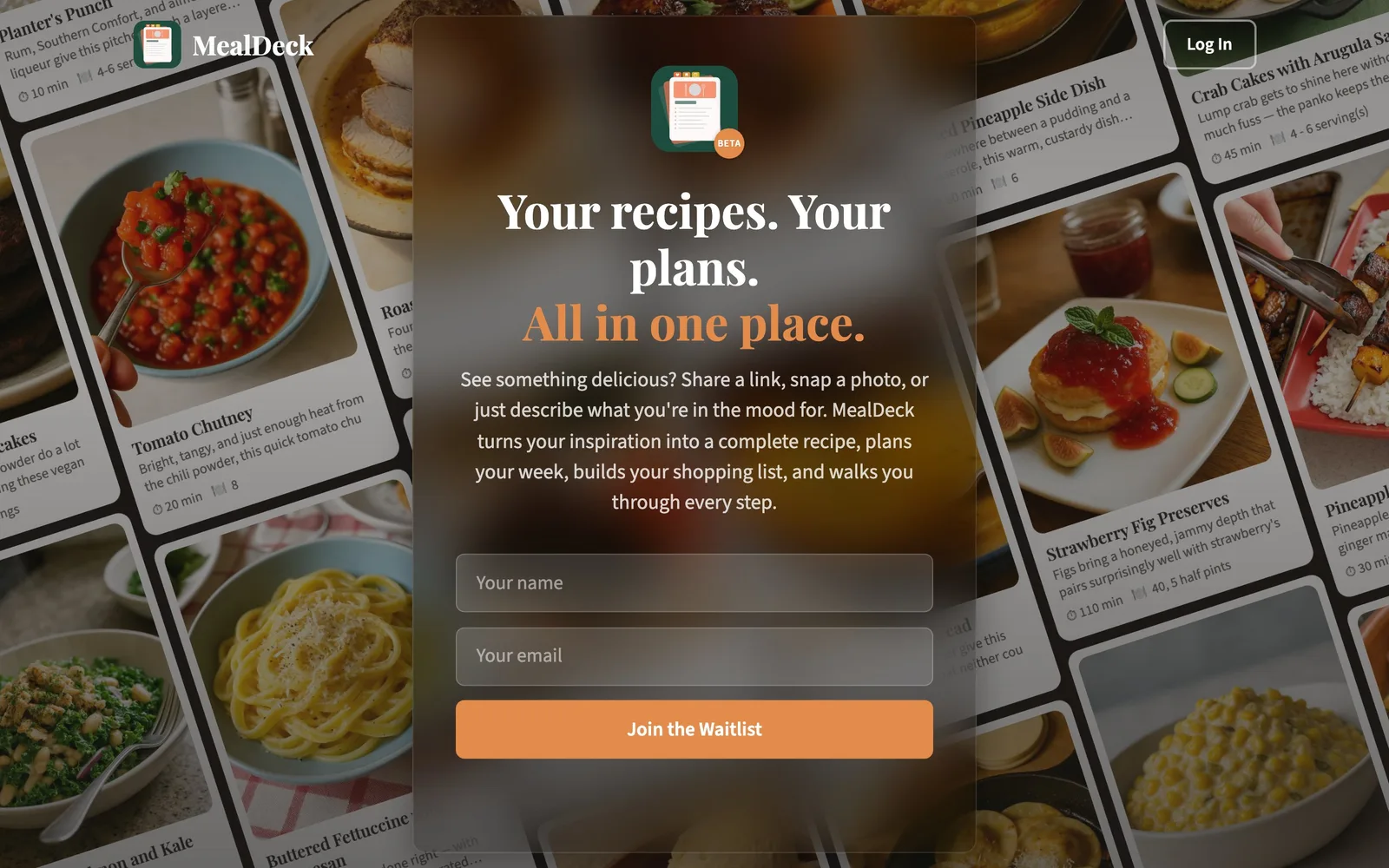 MealDeck landing page showing the recipe mosaic and waitlist call-to-action