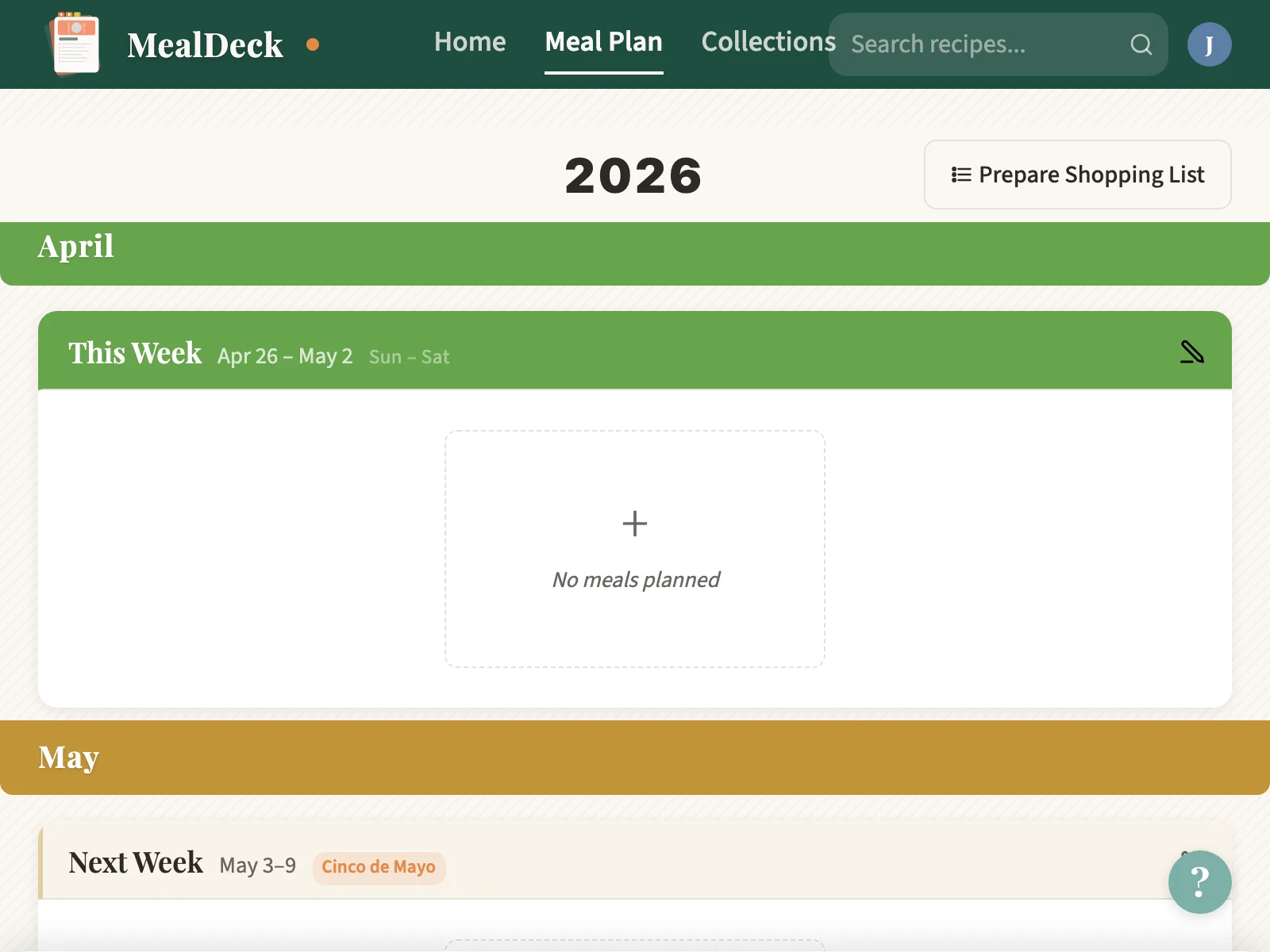 MealDeck weekly meal plan view with month headers, holiday tags, and shopping list access