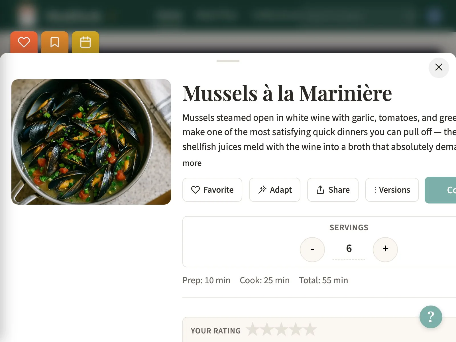 MealDeck recipe detail showing ingredients, cook mode button, and serving adjustment
