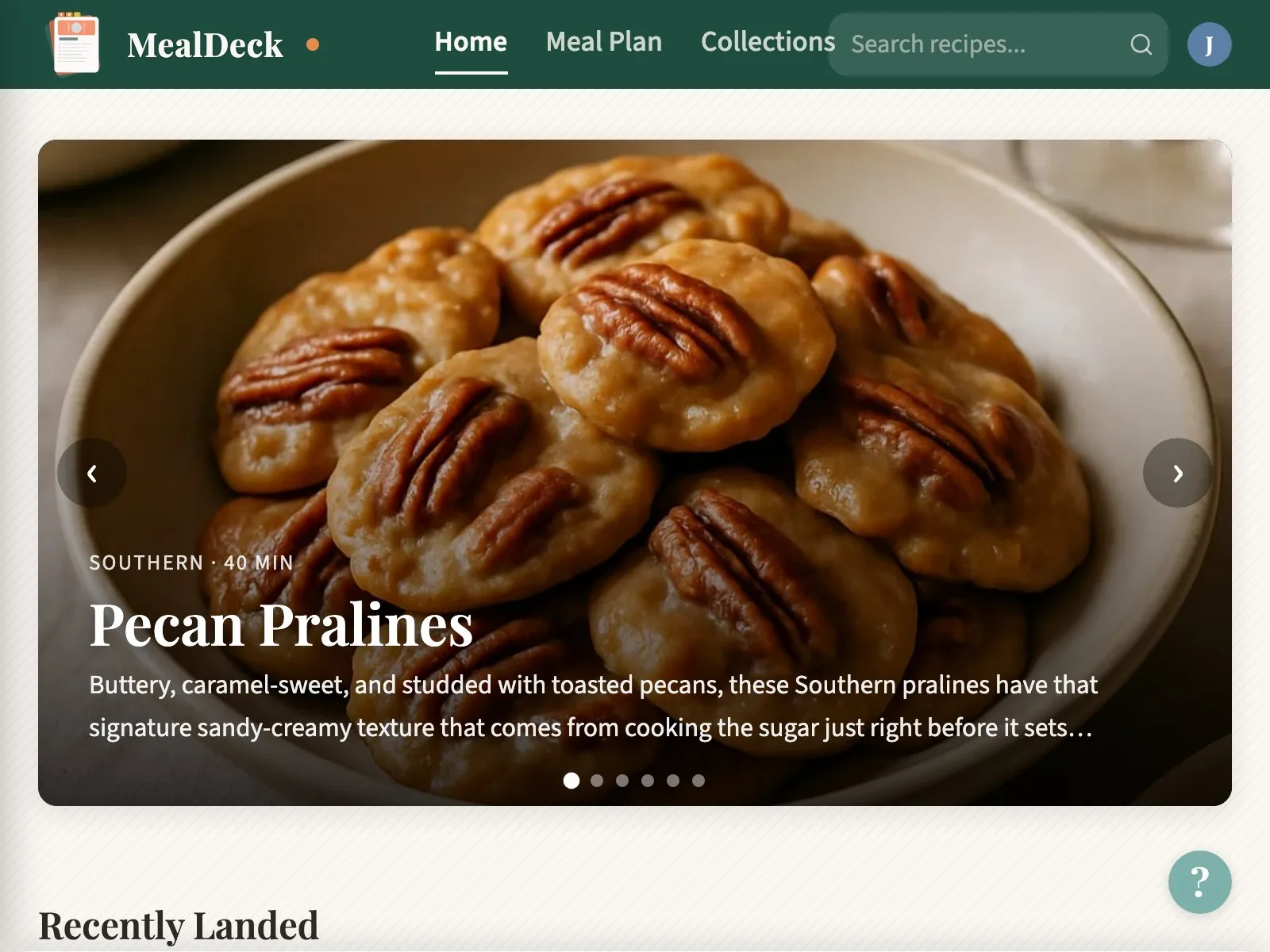 MealDeck recipe collection with featured carousel and new additions