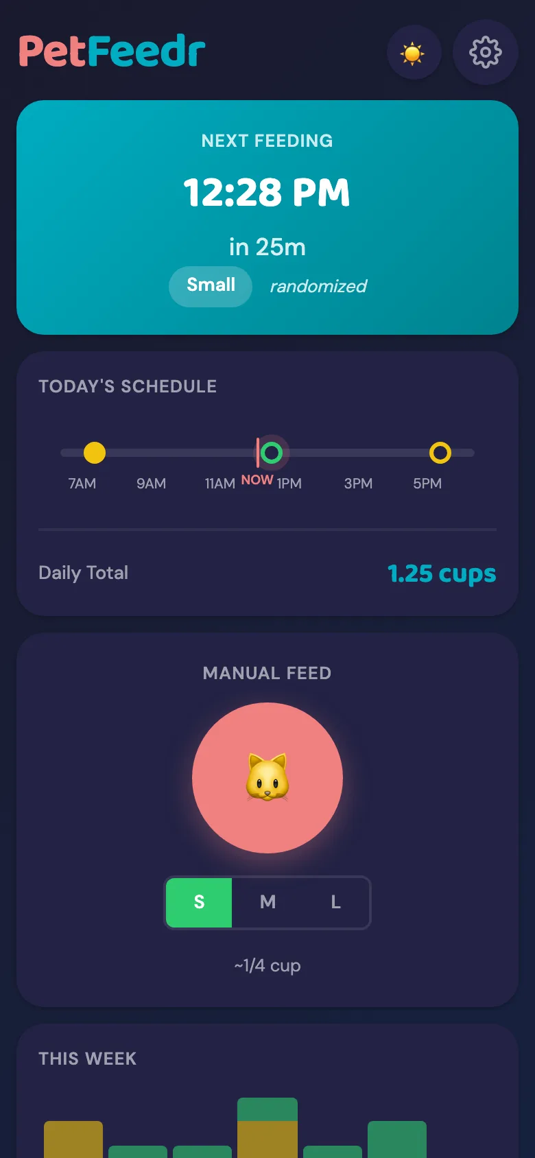 PetFeedr dashboard in dark mode