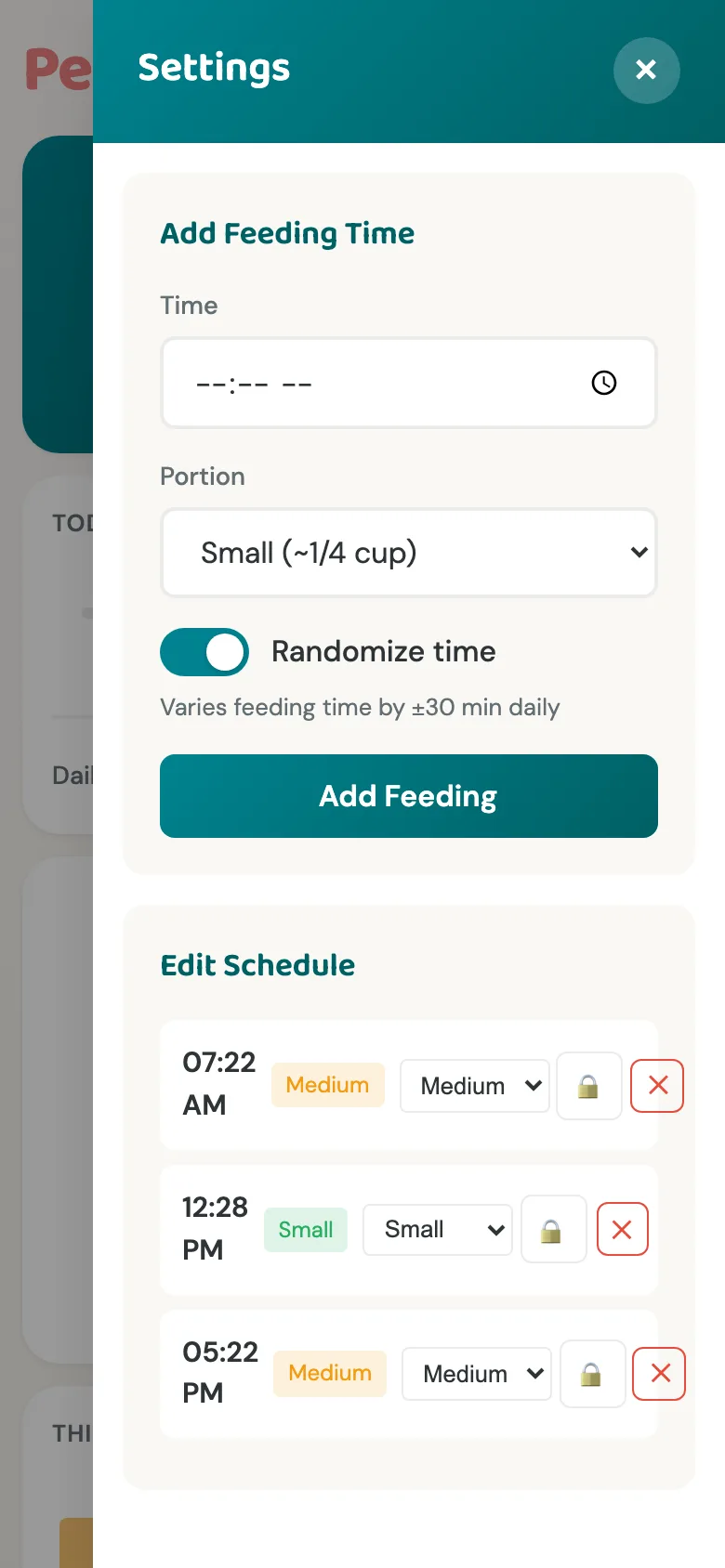 PetFeedr settings sidebar showing feeding time configuration with portion sizes and randomization toggle
