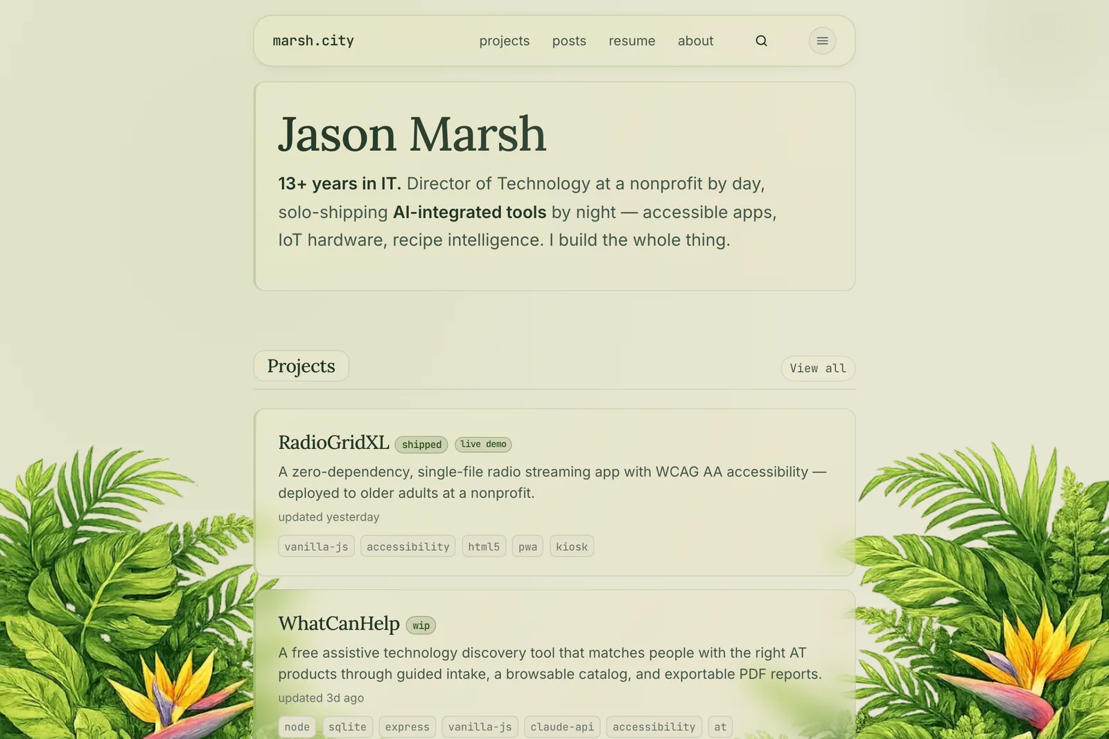 marsh.city at a standard viewport width - the scene fills the screen naturally