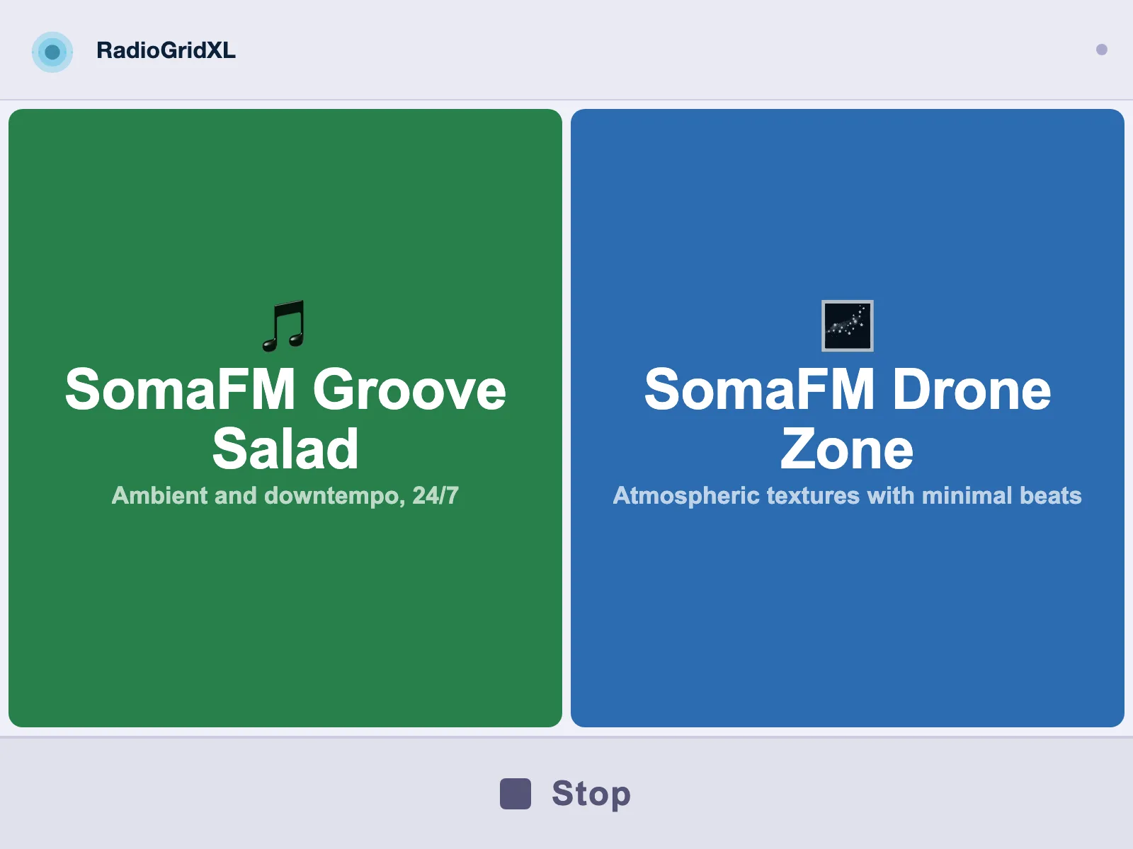RadioGridXL default view - two large station buttons filling the screen