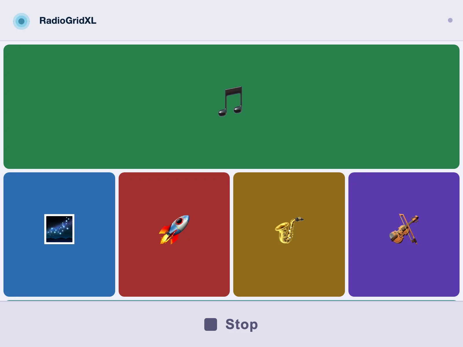 Six stations arranged in a responsive grid with distinct emoji icons and color palettes