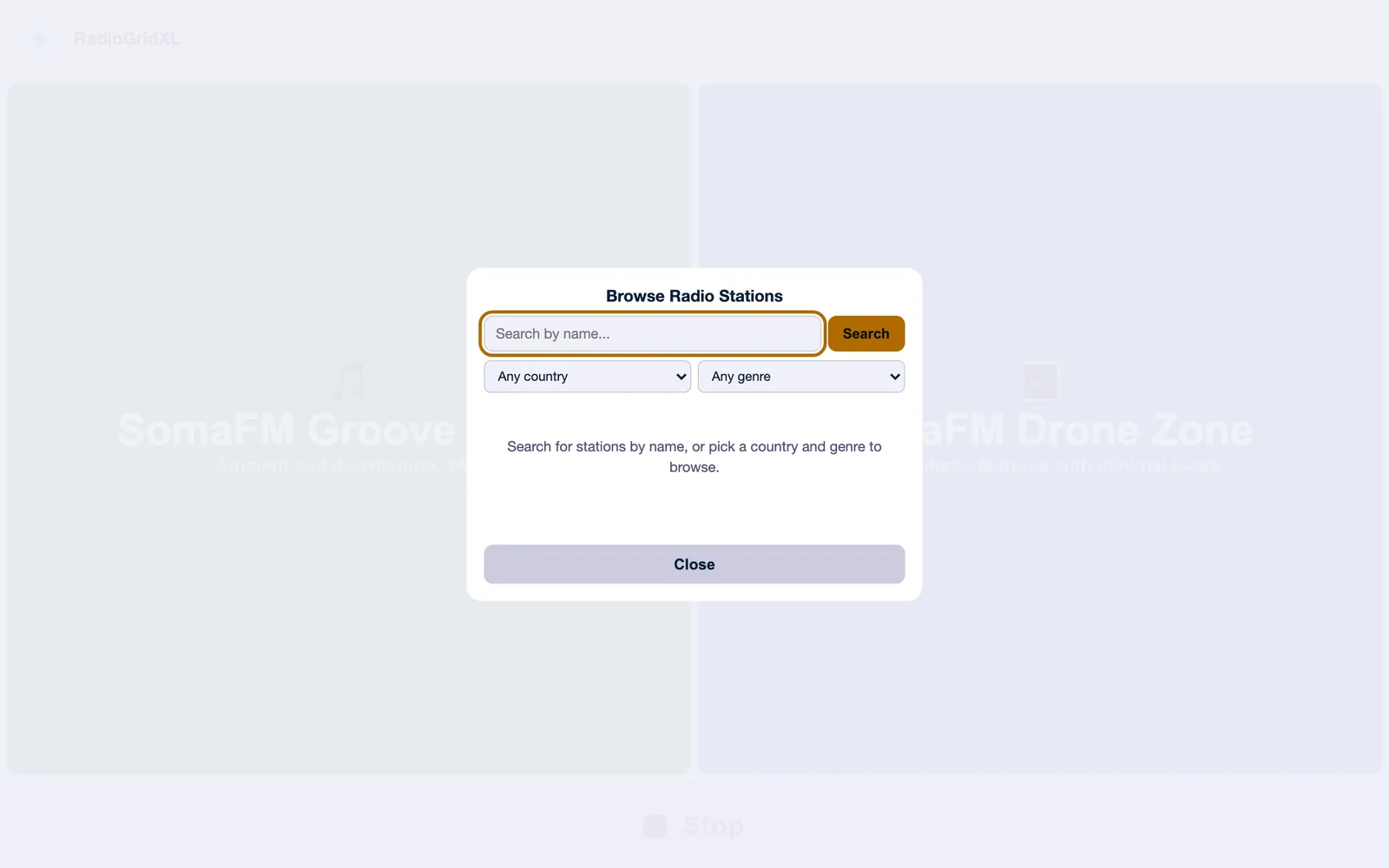 The stream browser overlay with search field, country and genre filters