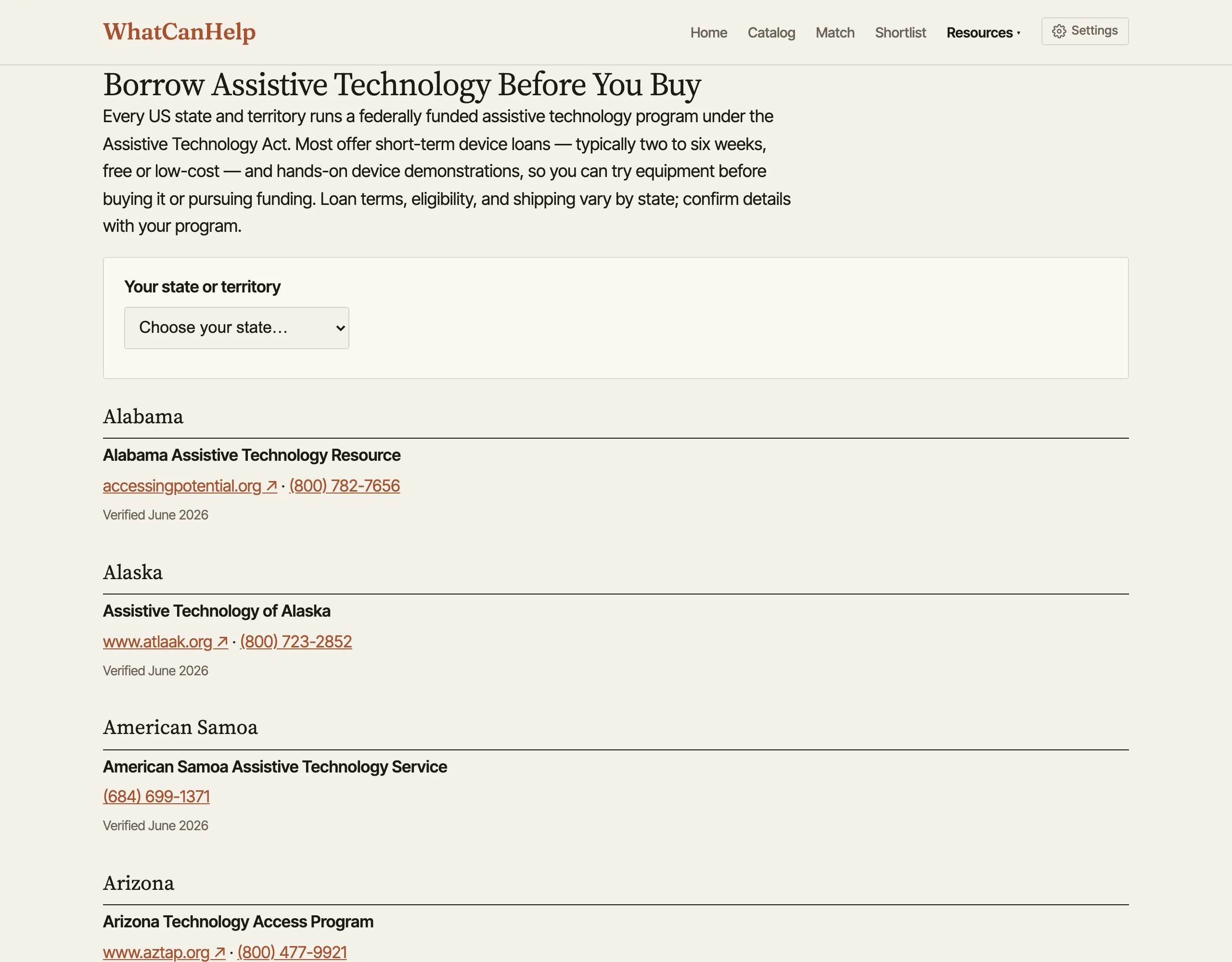 WhatCanHelp borrow page titled Borrow Assistive Technology Before You Buy, with a state selector and per-state lending programs listing website, phone, and a verified date