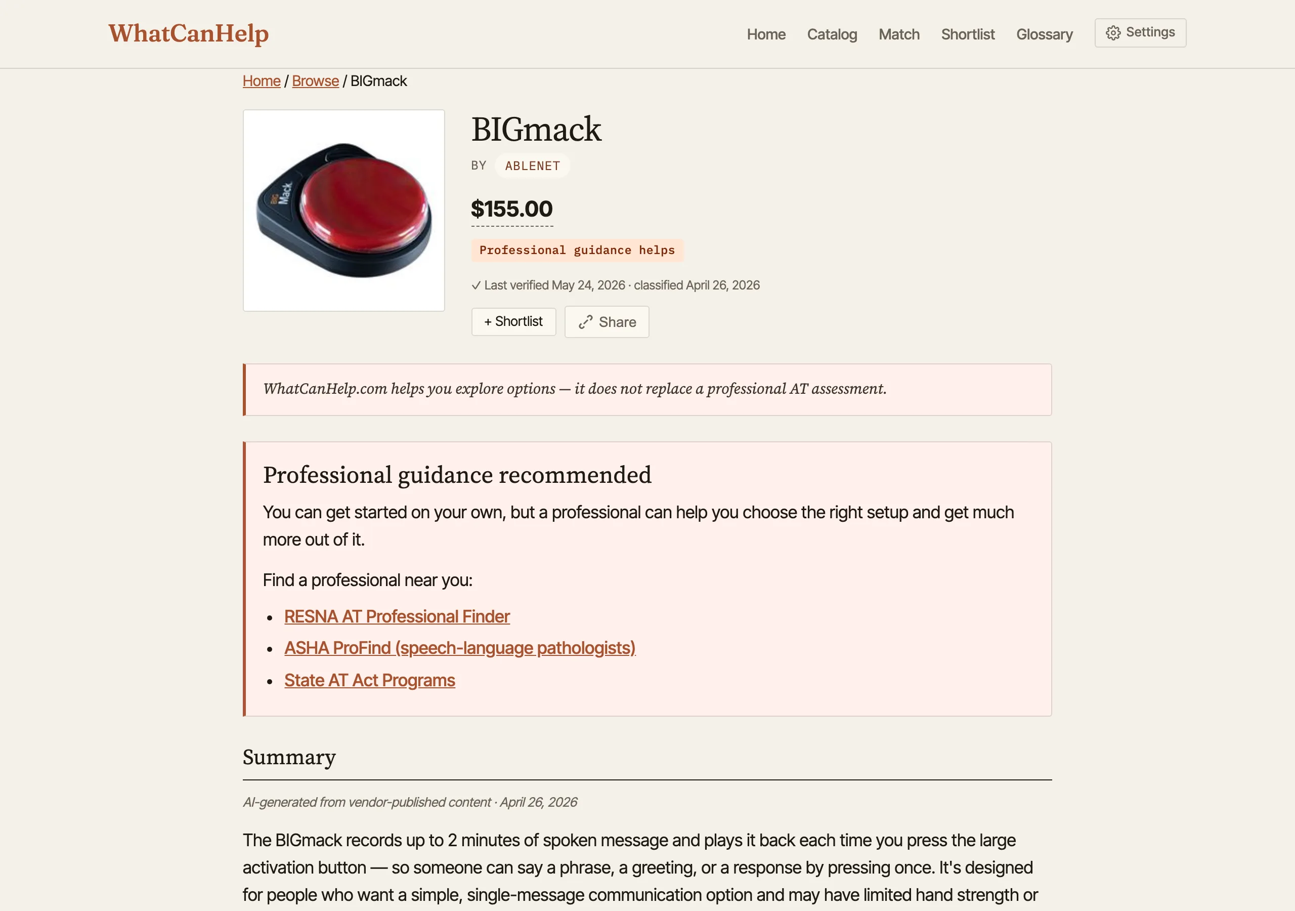 BIGmack product detail page with price, shortlist and share buttons, a Professional guidance recommended callout with finder links, and a summary section