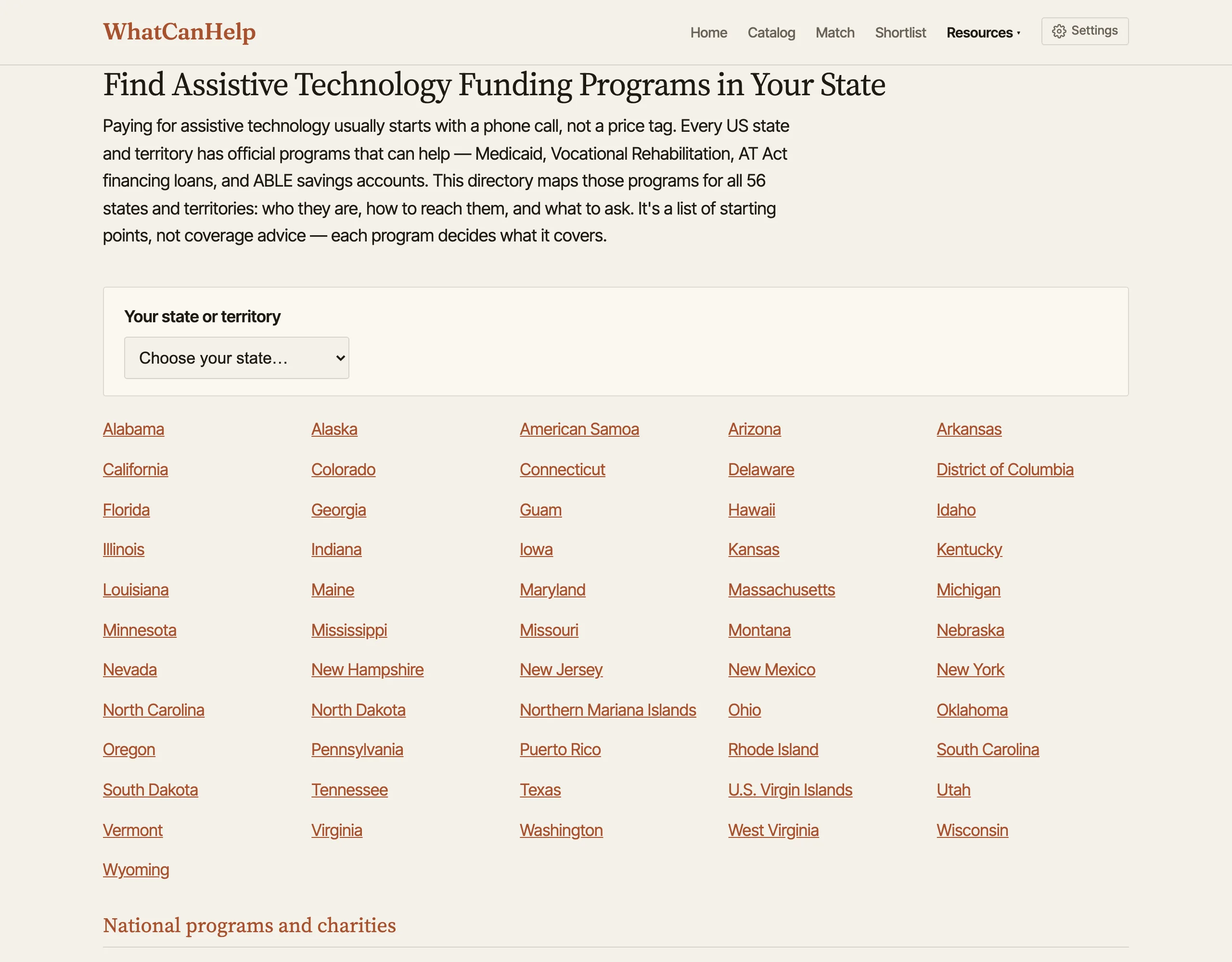 WhatCanHelp funding directory titled Find Assistive Technology Funding Programs in Your State, with a state selector and a grid of all 56 states and territories