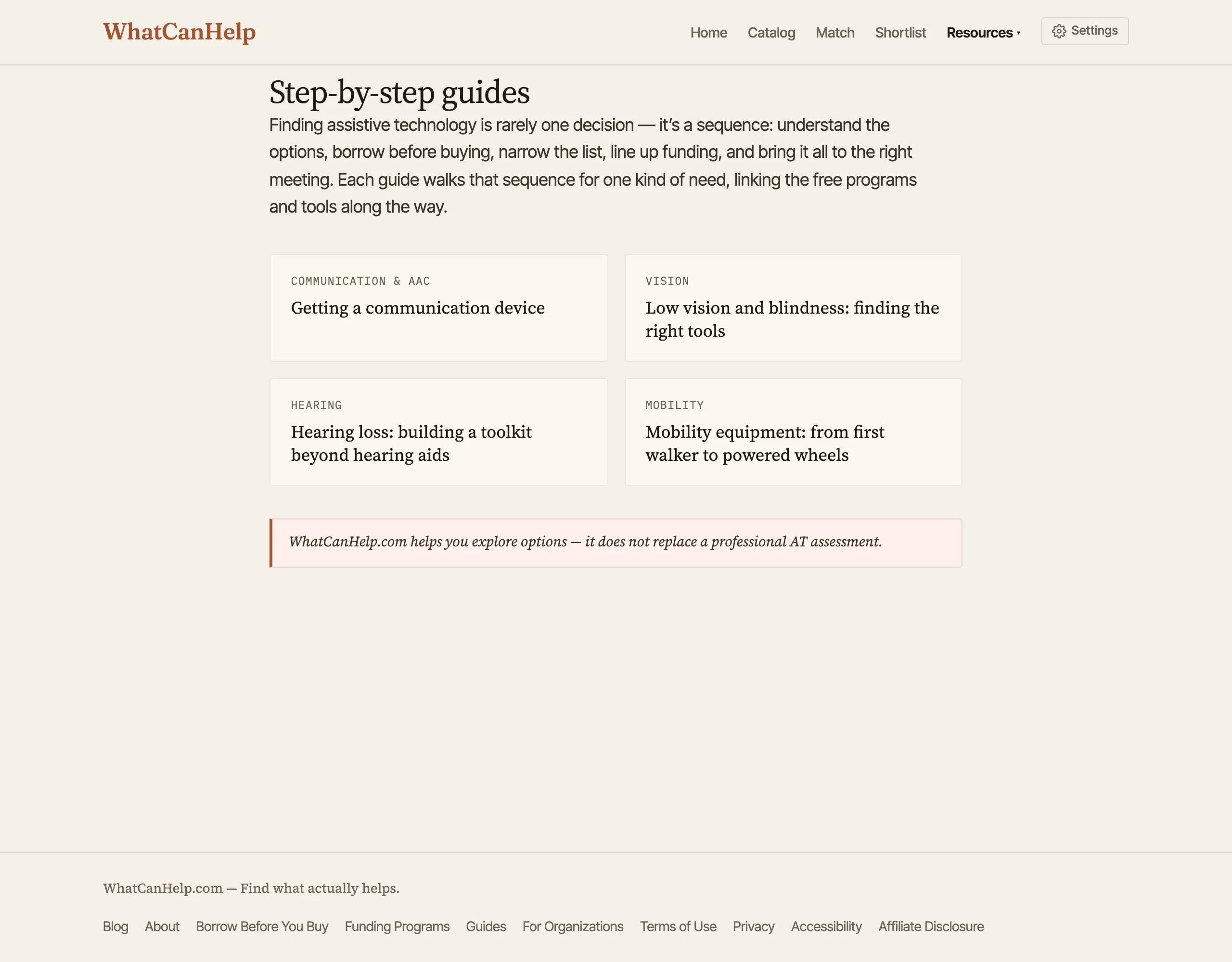 WhatCanHelp step-by-step guides index with four cards: getting a communication device, low vision and blindness, hearing loss, and mobility equipment