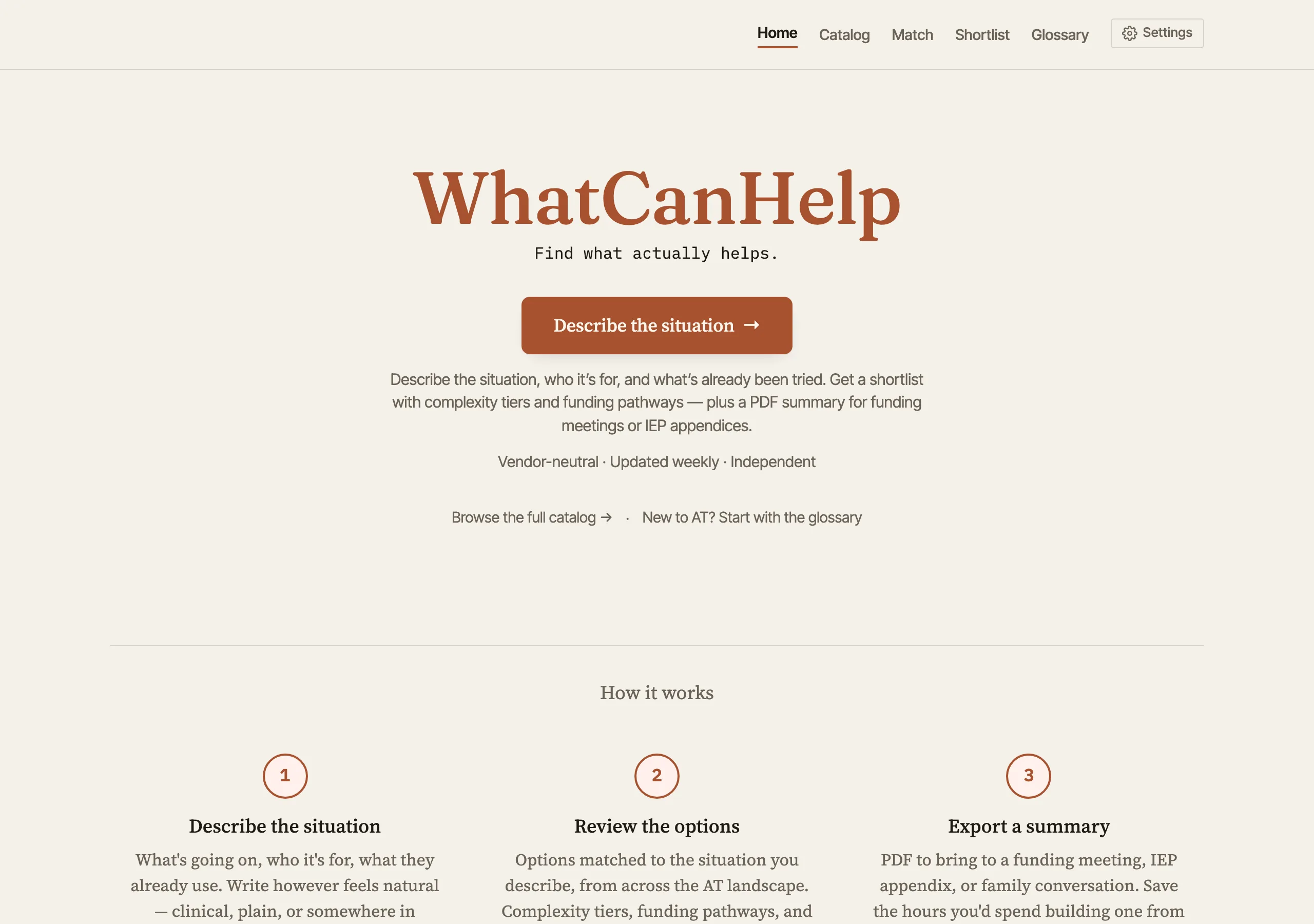 WhatCanHelp landing page with the wordmark, a Describe the situation primary button, and a three-step How it works section